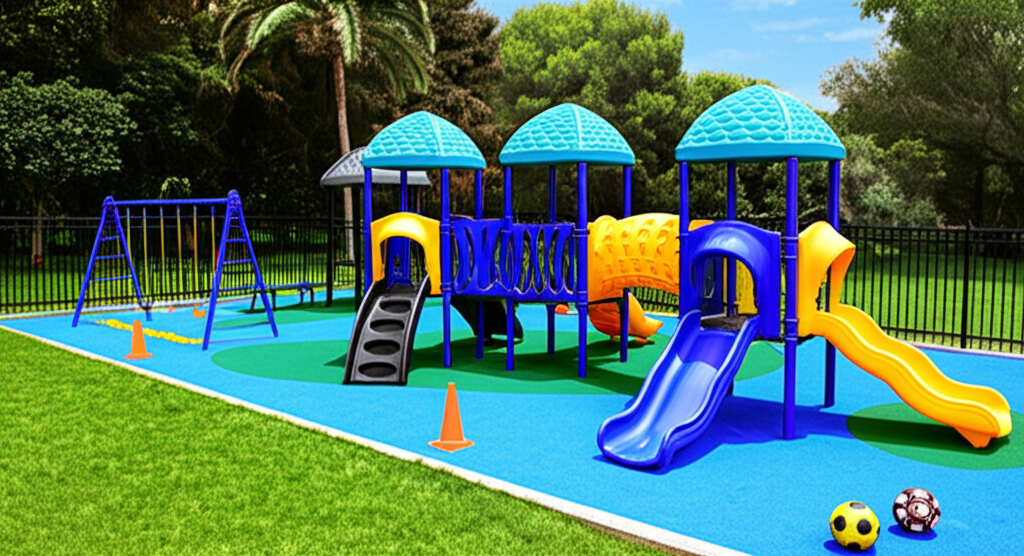 Children playing sports in a safe, colorful outdoor playground